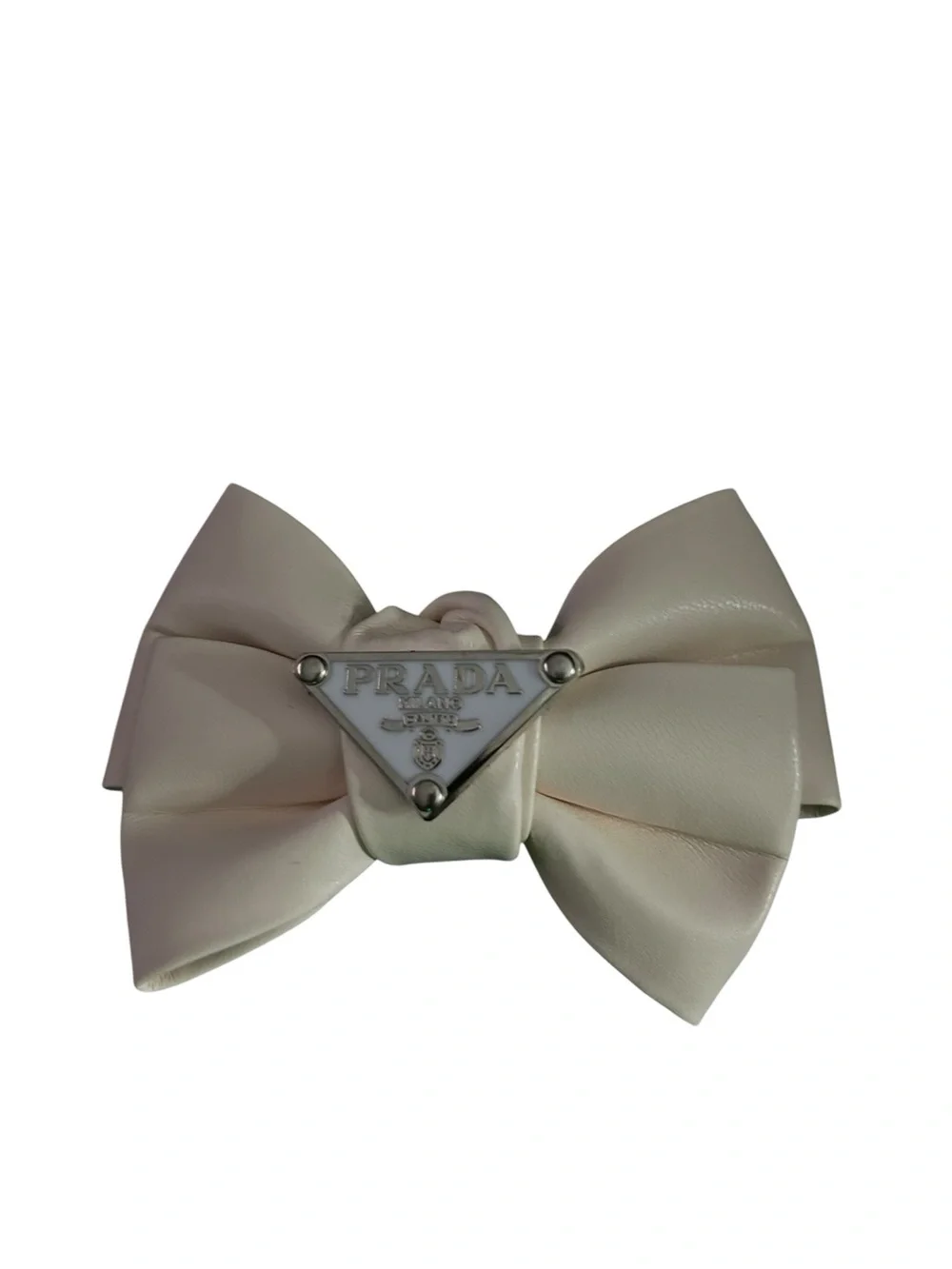 Cream leather Bow Hair Clip with Triangle Logo